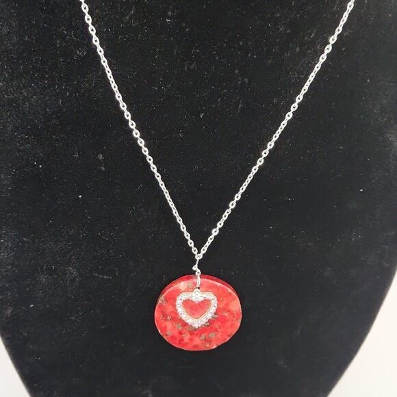Repurposed Handcrafted Silver link chain with red stone and pink rhineston heart - Picture 8 of 9